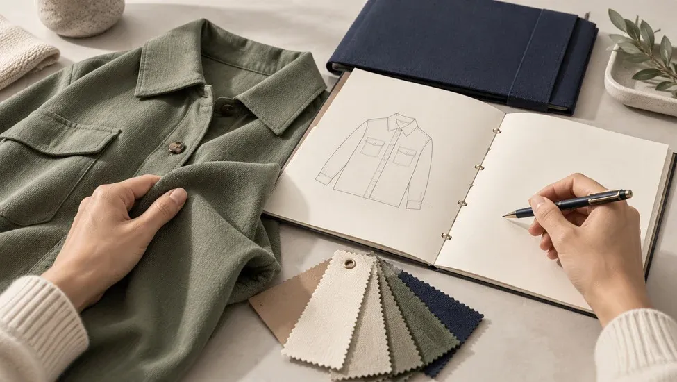 Hands comparing a garment sample with a design sketch before confirming a production order.