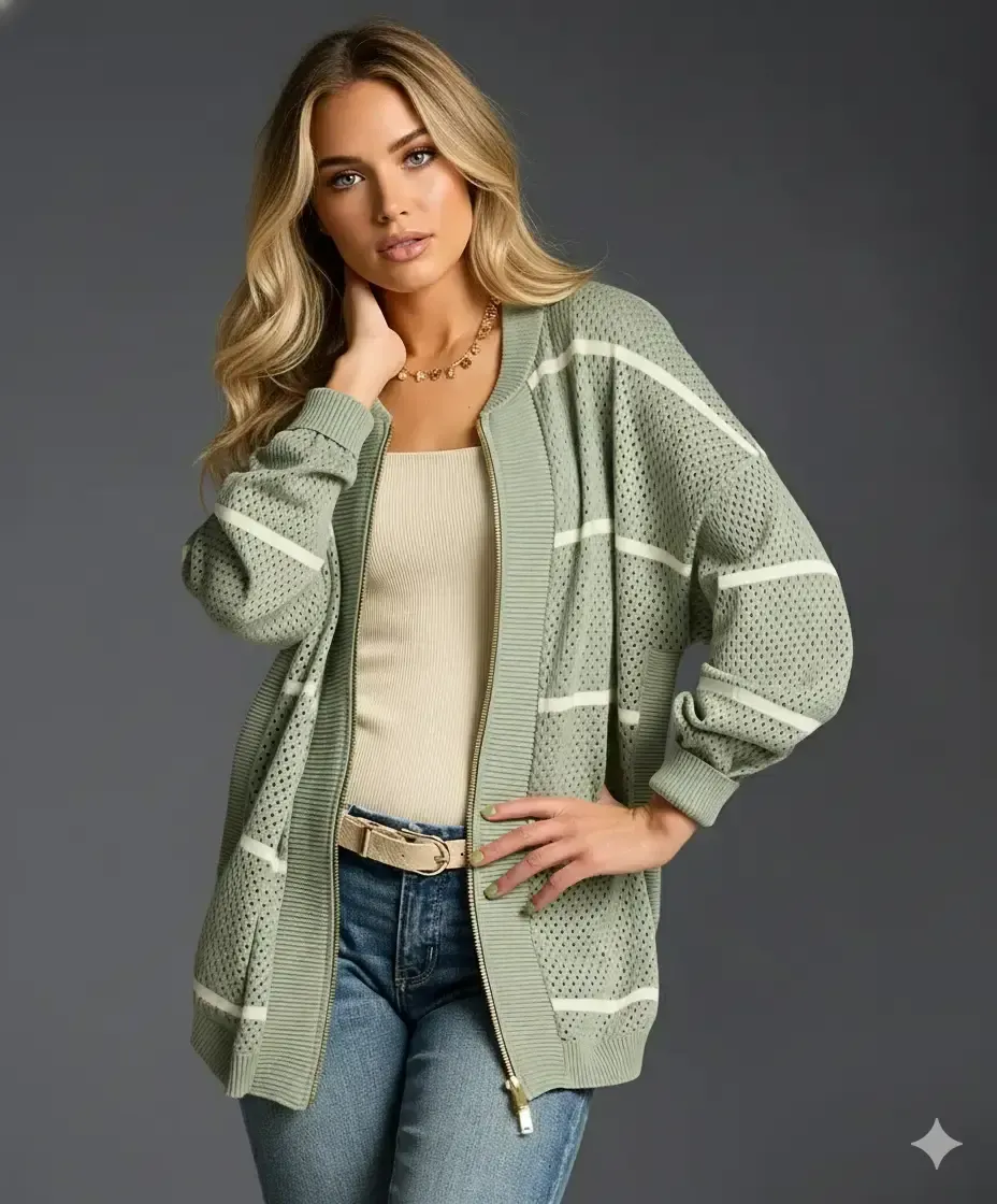 Model wearing a sage green open-weave zip-front cotton cardigan with white stripes, hands resting at chest, three-quarter view