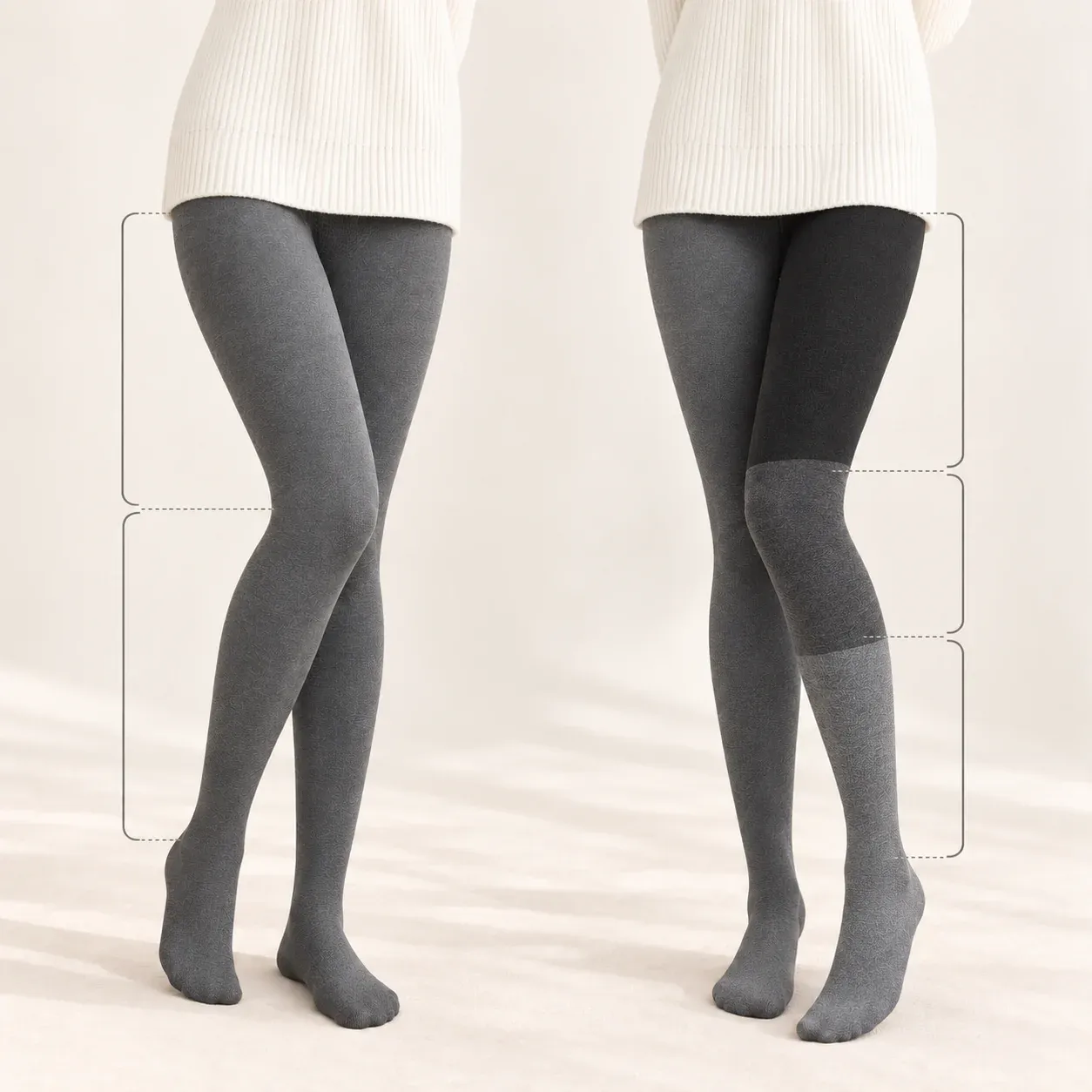 Grey fleece-lined leggings with an inside-out bent leg showing three distinct pressure zones