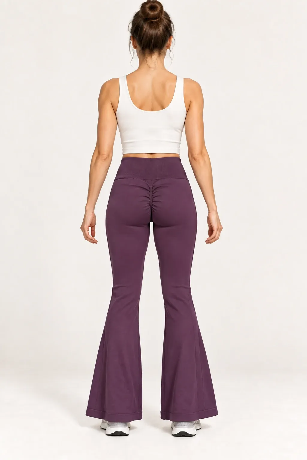 Women's burgundy seamless flare leggings, back view