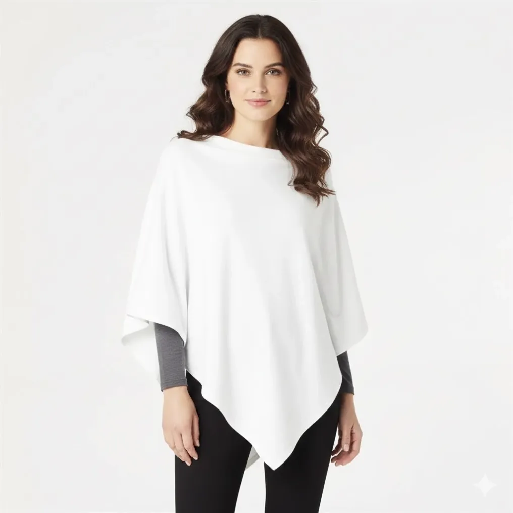 Front view of a white knit poncho with an asymmetric hem and boat neckline