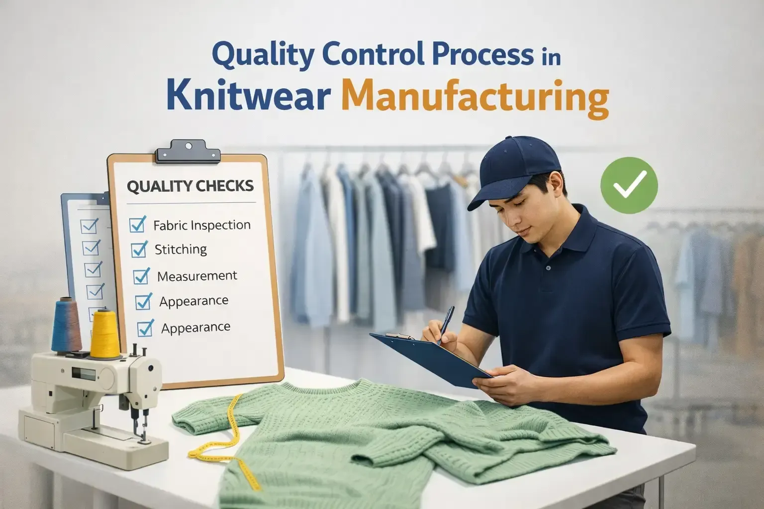 Quality control process in knitwear manufacturing: an inspector checks a green knit sweater against a checklist covering fabric inspection, stitching and measurement