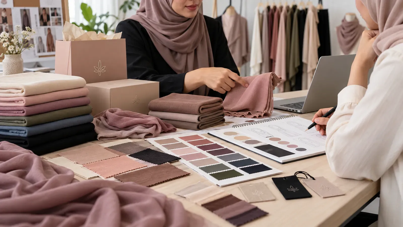 Private label hijab development with fabric samples, color selection and custom packaging planning