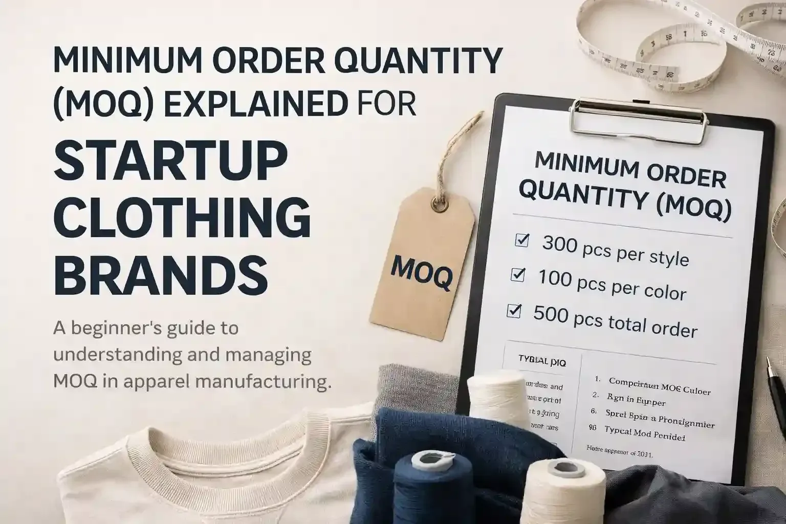 Cover graphic explaining minimum order quantity for startup clothing brands, with a clipboard checklist showing MOQ requirements alongside fabric rolls and measuring tools