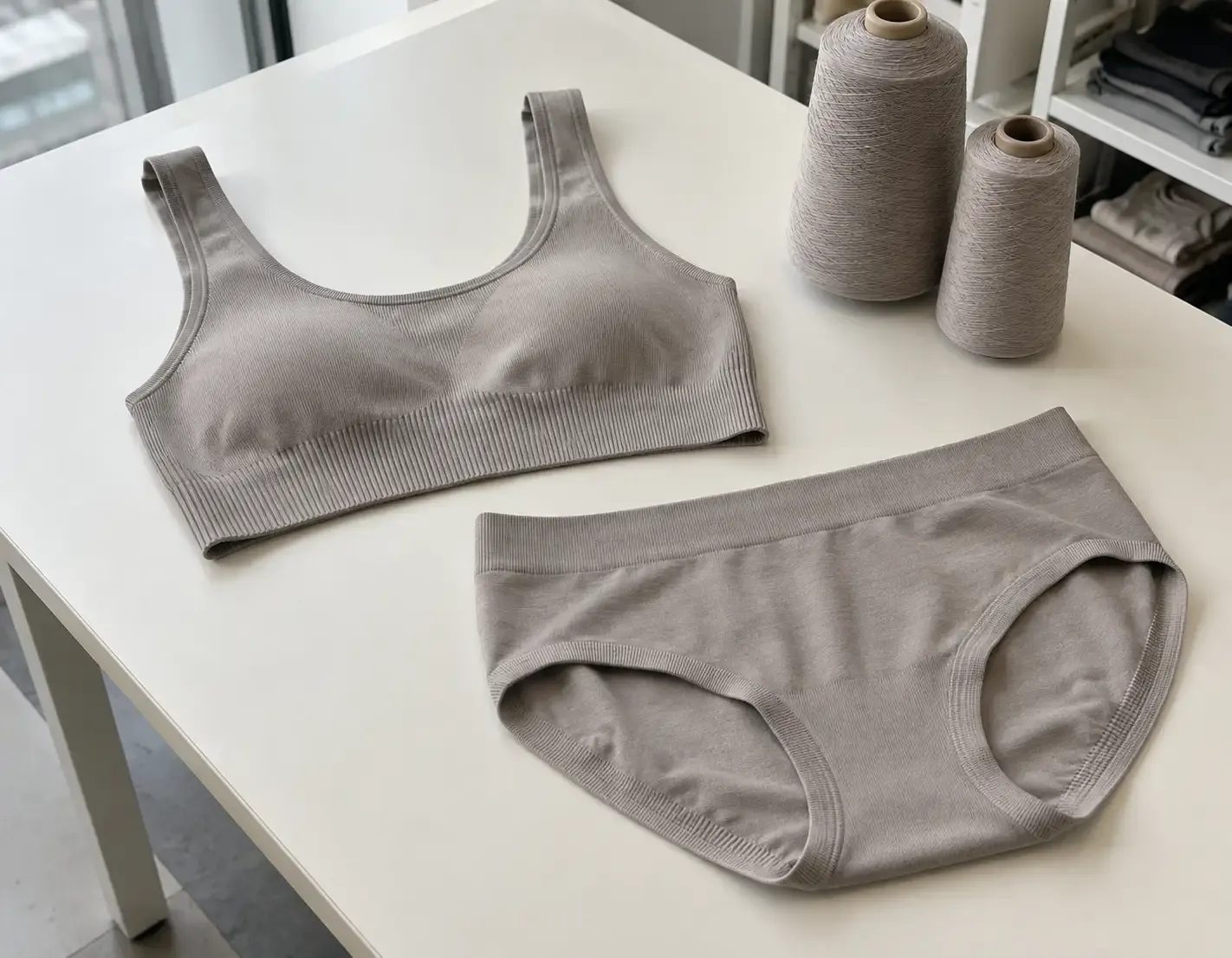 Seamless bralette and briefs samples with matching yarn cones on a garment development table.