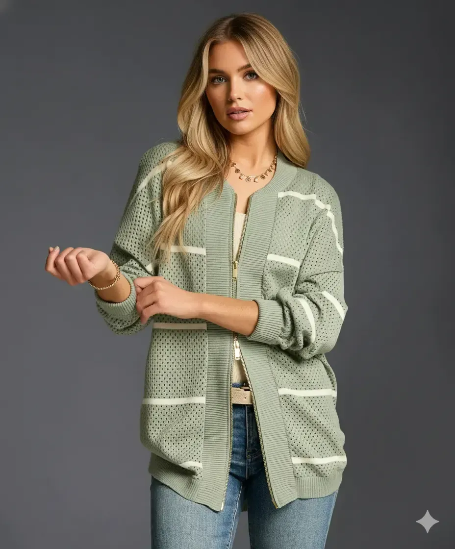 Seated model wearing the sage green open-weave zip-front cotton cardigan over jeans in a relaxed lifestyle pose