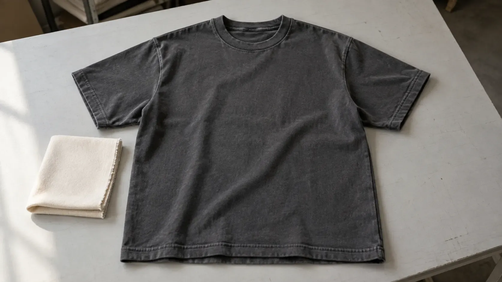 Charcoal heavyweight cotton T-shirt with an ecru fabric swatch on a garment sampling table