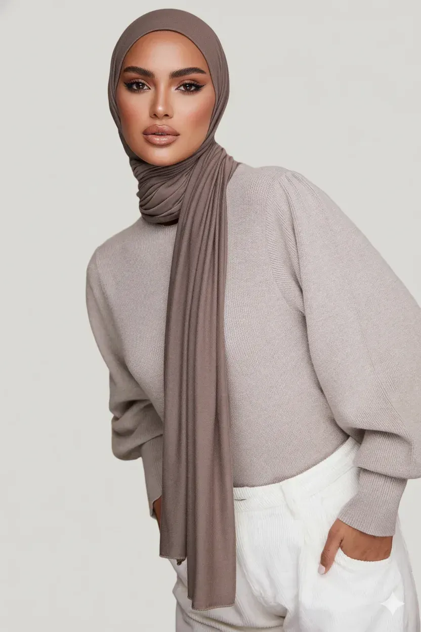 Model wearing a light grey jersey hijab with a white long-sleeve top and white trousers