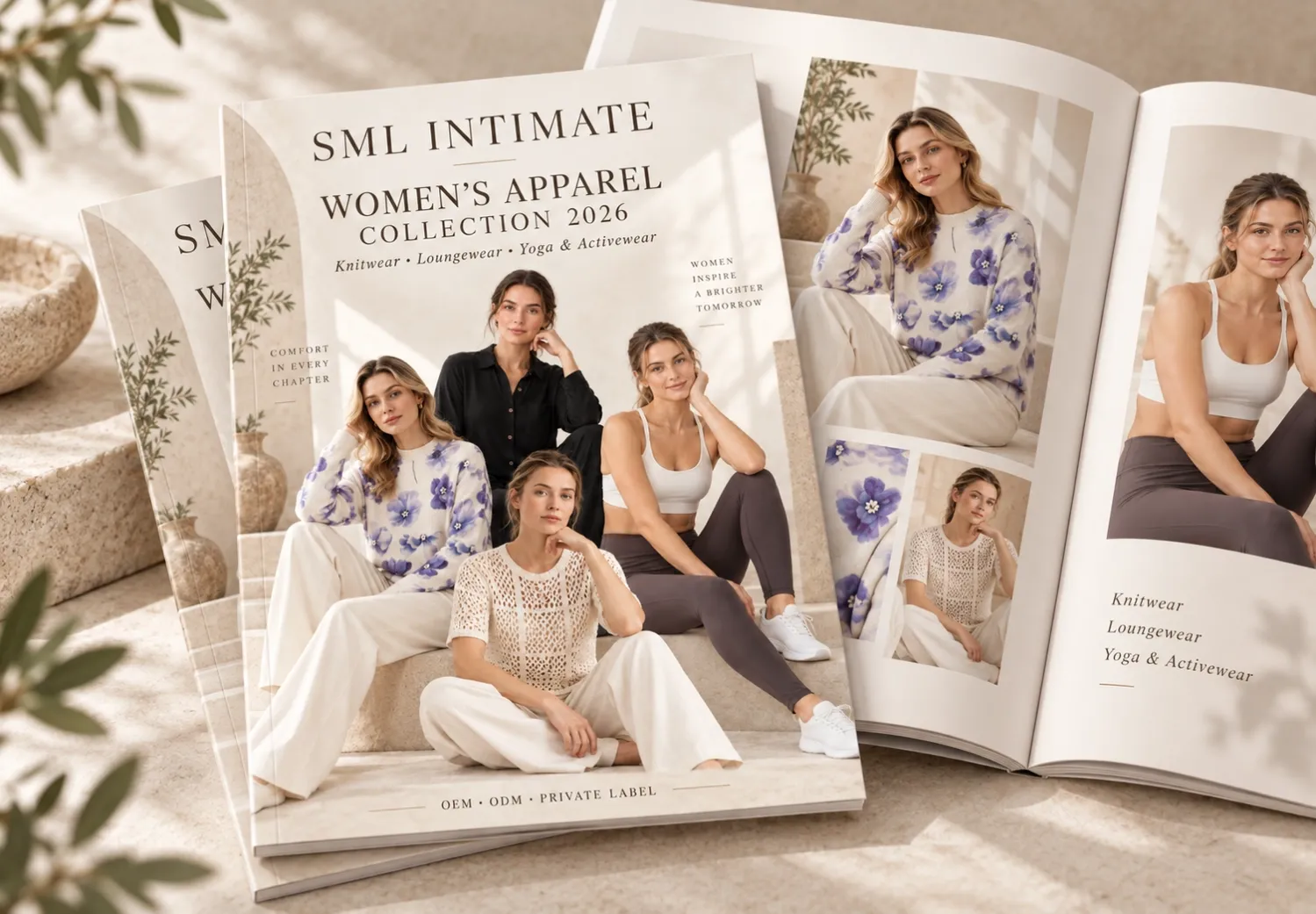 SML INTIMATE women's apparel catalog 2026 preview showing the cover and inside pages featuring knitwear, loungewear, and yoga activewear collections.