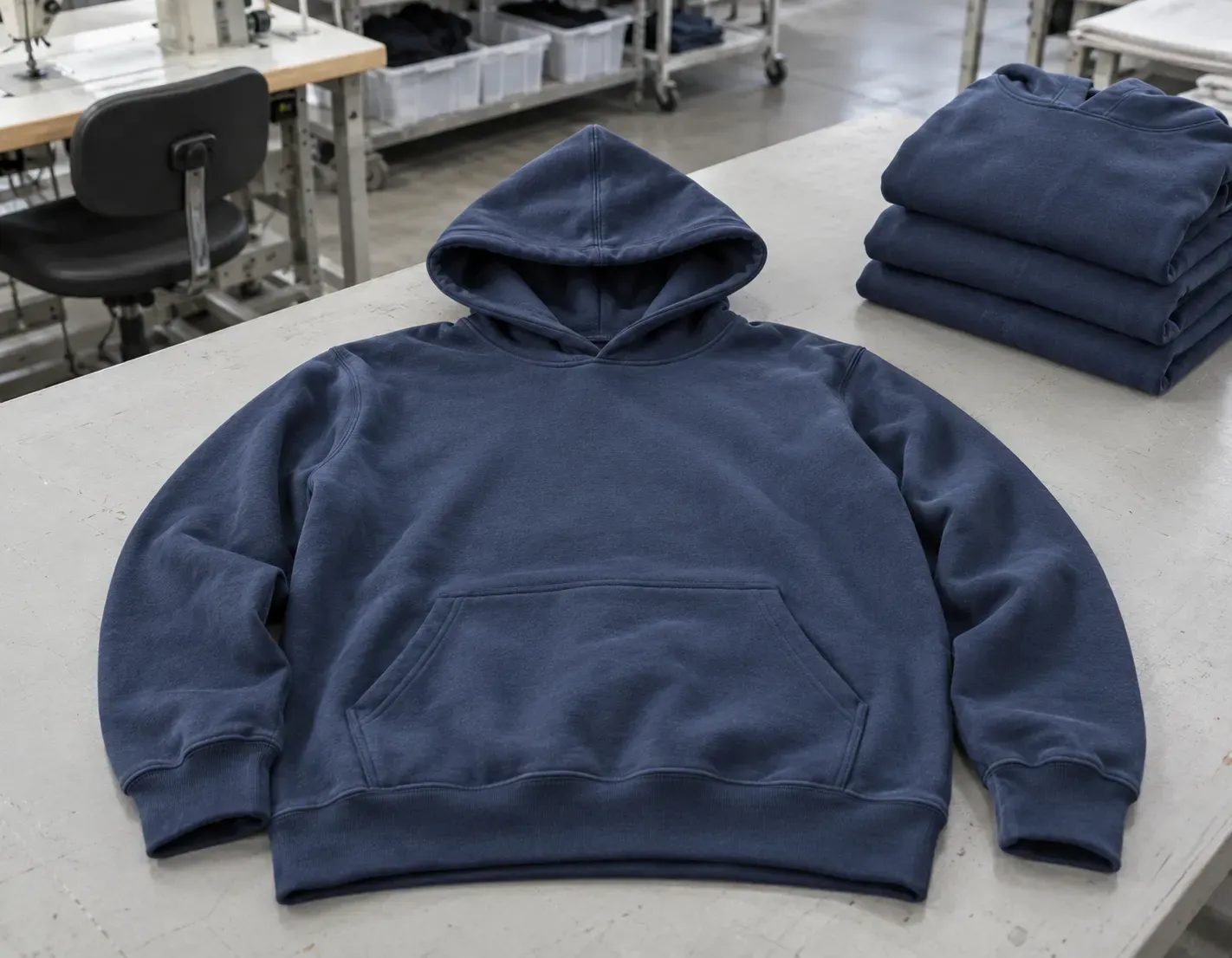 Navy pullover hoodie sample and folded hoodies on a garment factory inspection table