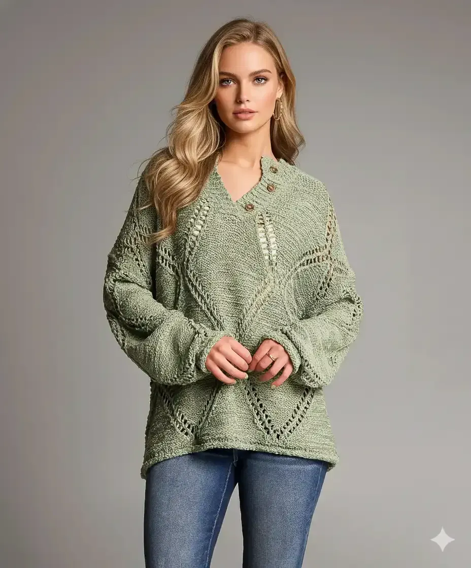 Front view of an oversized sage green sweater with diamond pointelle texture and a button collar