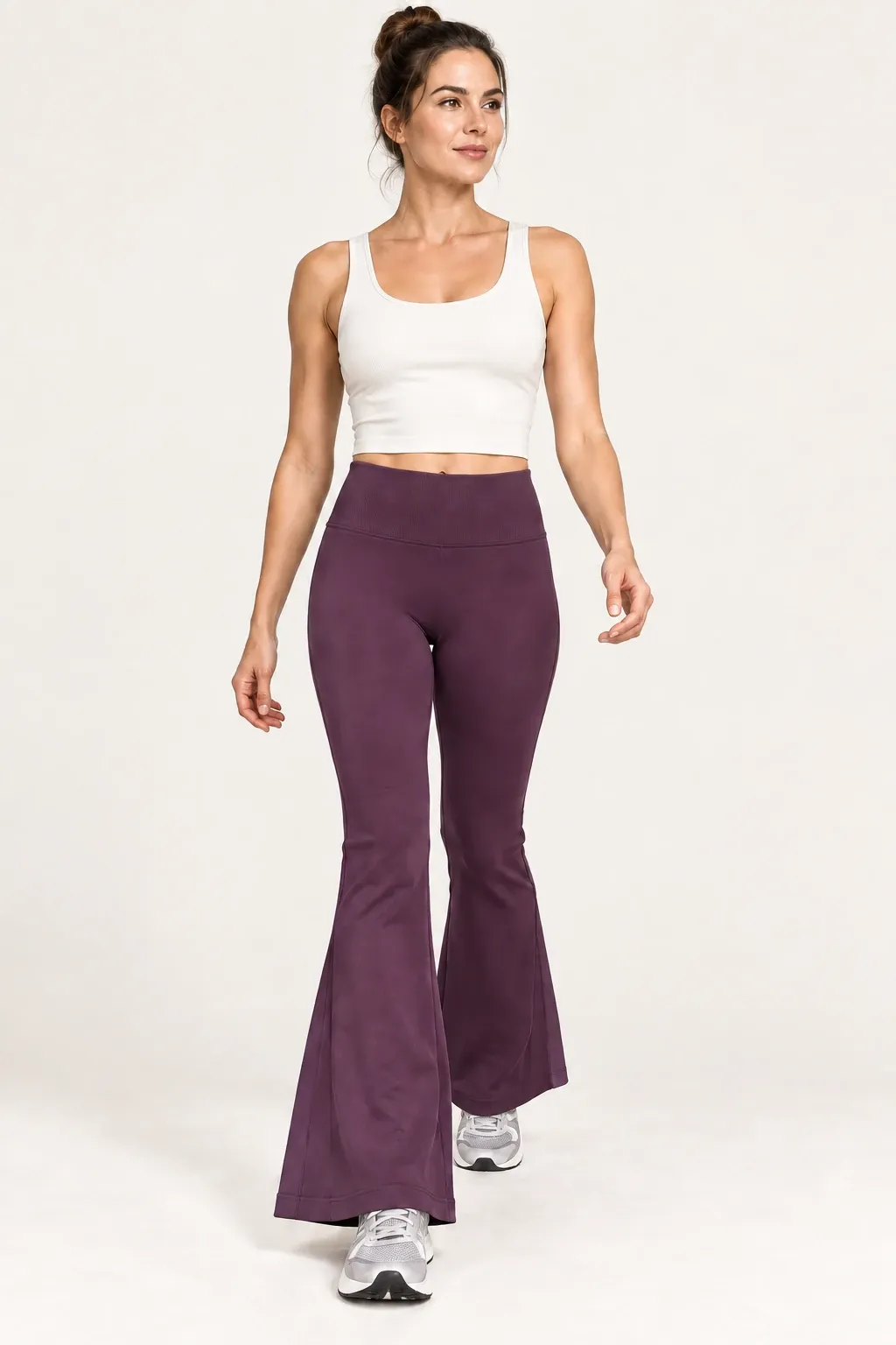 Women's burgundy seamless high-waisted flare leggings, front view