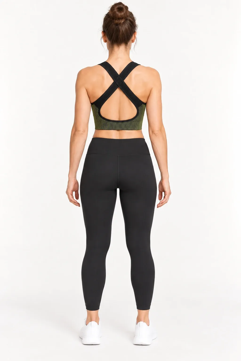 Women's seamless crop tank top with cross-back straps, back view