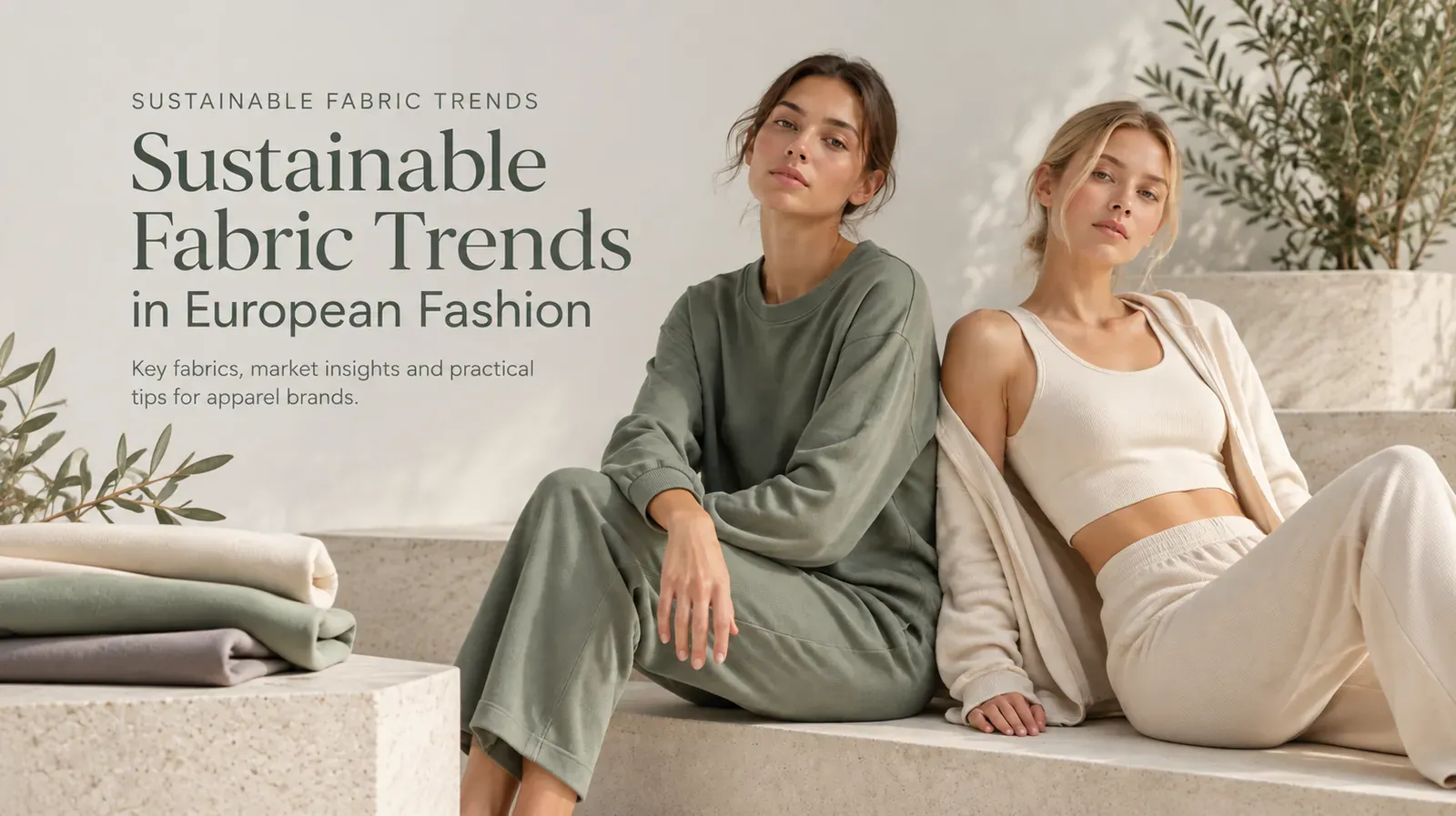 Sustainable fabric trends for European fashion brands featuring models wearing eco-friendly apparel