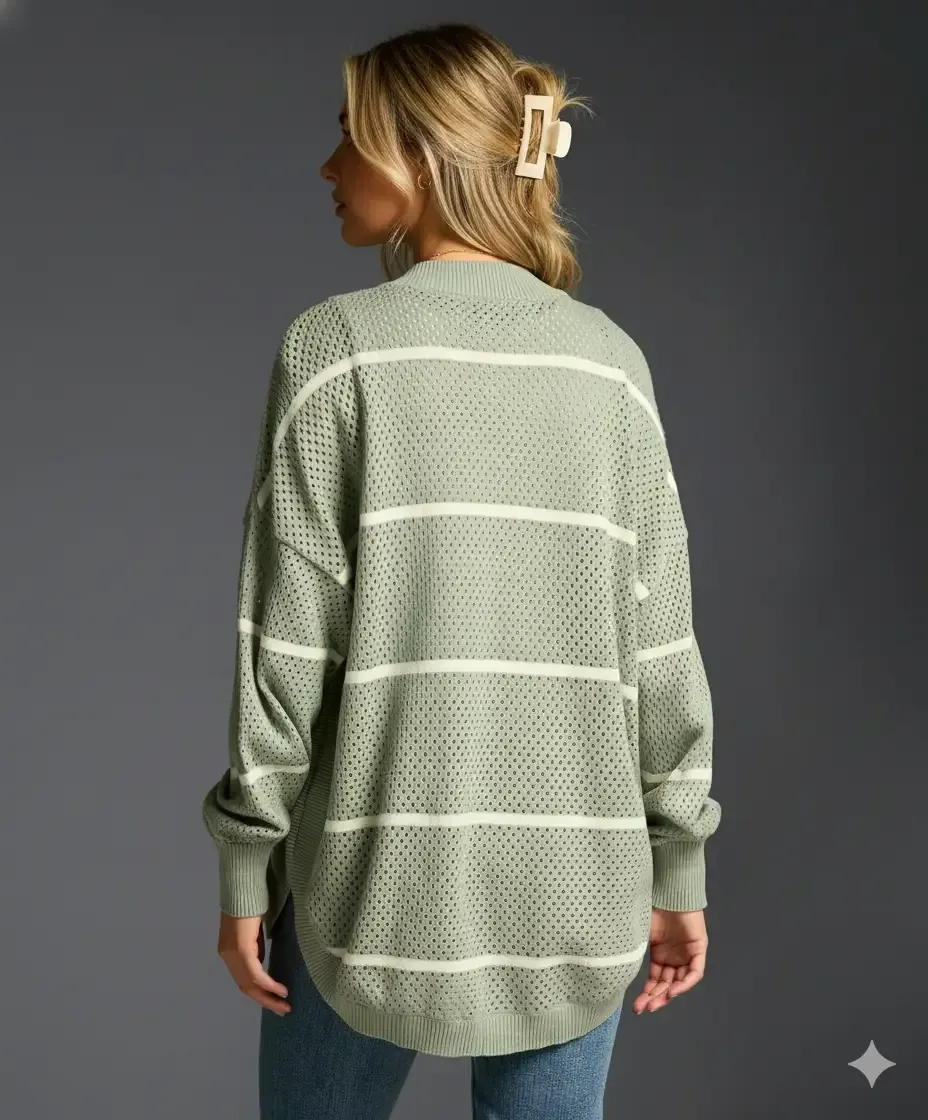 Back view of a sage green pointelle knit sweater with ivory white horizontal stripes