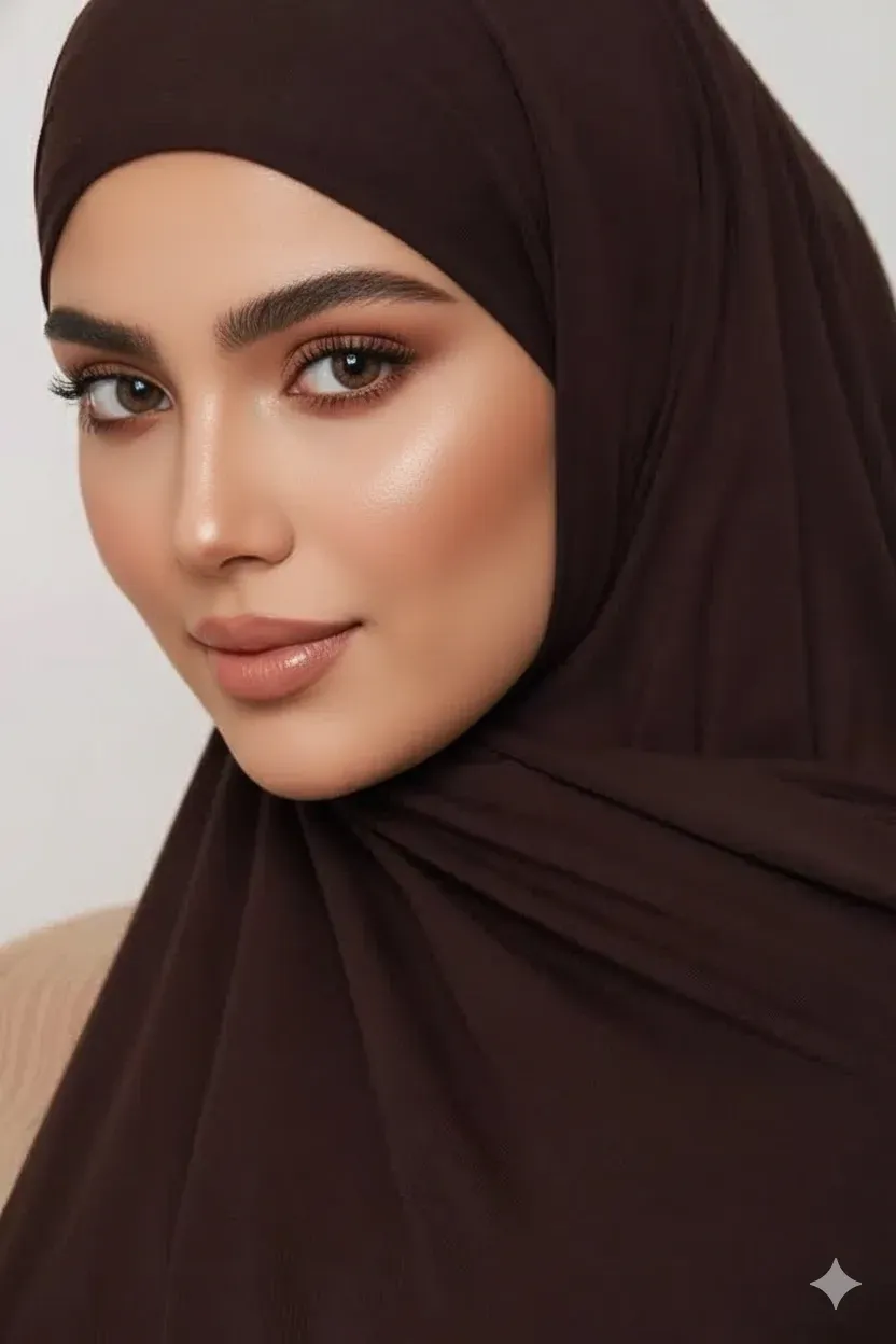 Portrait of a model wearing a chocolate brown jersey hijab