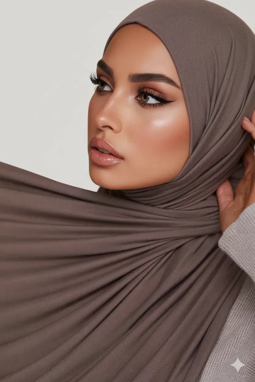Close-up of a dusty rose jersey hijab wrapped around the model's head and shoulders