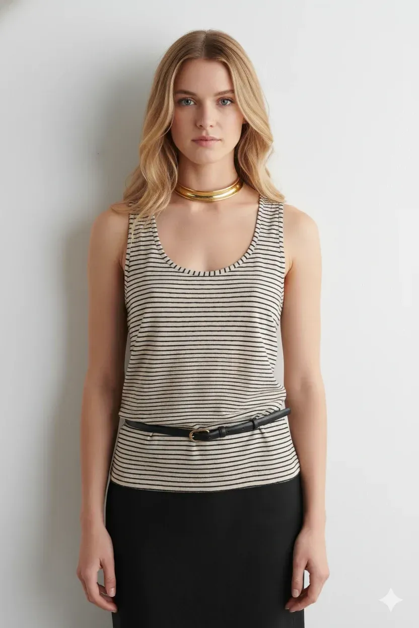 Model wearing a black and white striped sleeveless tank top with a black skirt