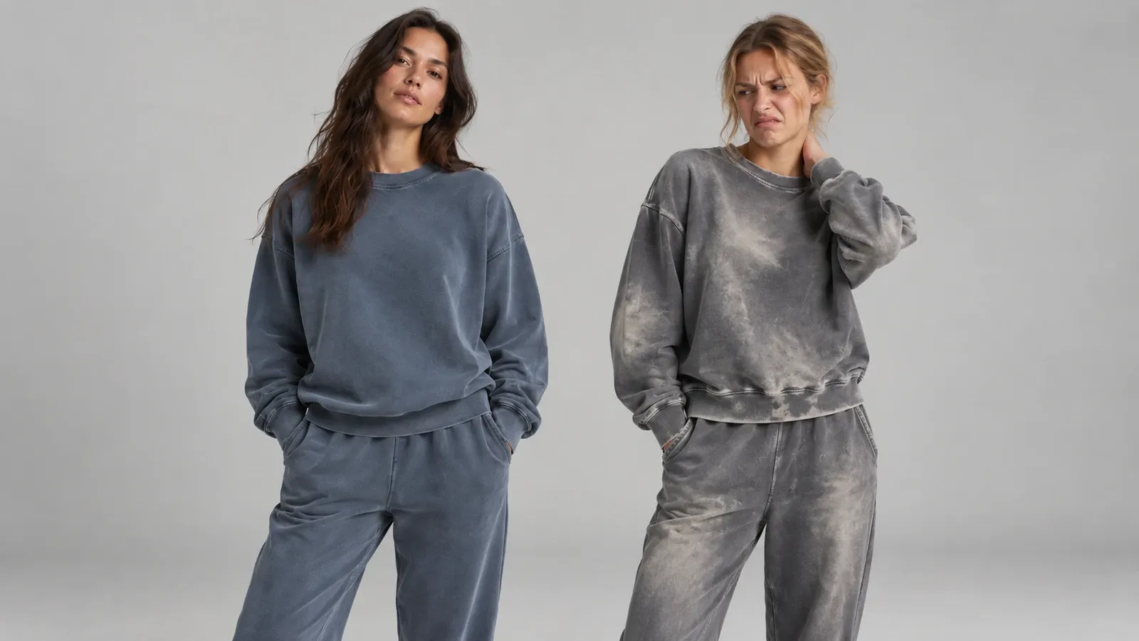 Comparison of garment dyed and pigment dyed apparel showing different color appearance and fading effects