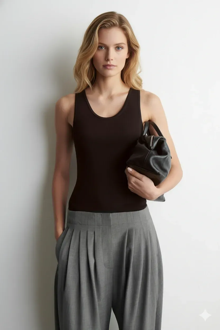 Model wearing a brown ribbed tank top with grey pleated trousers