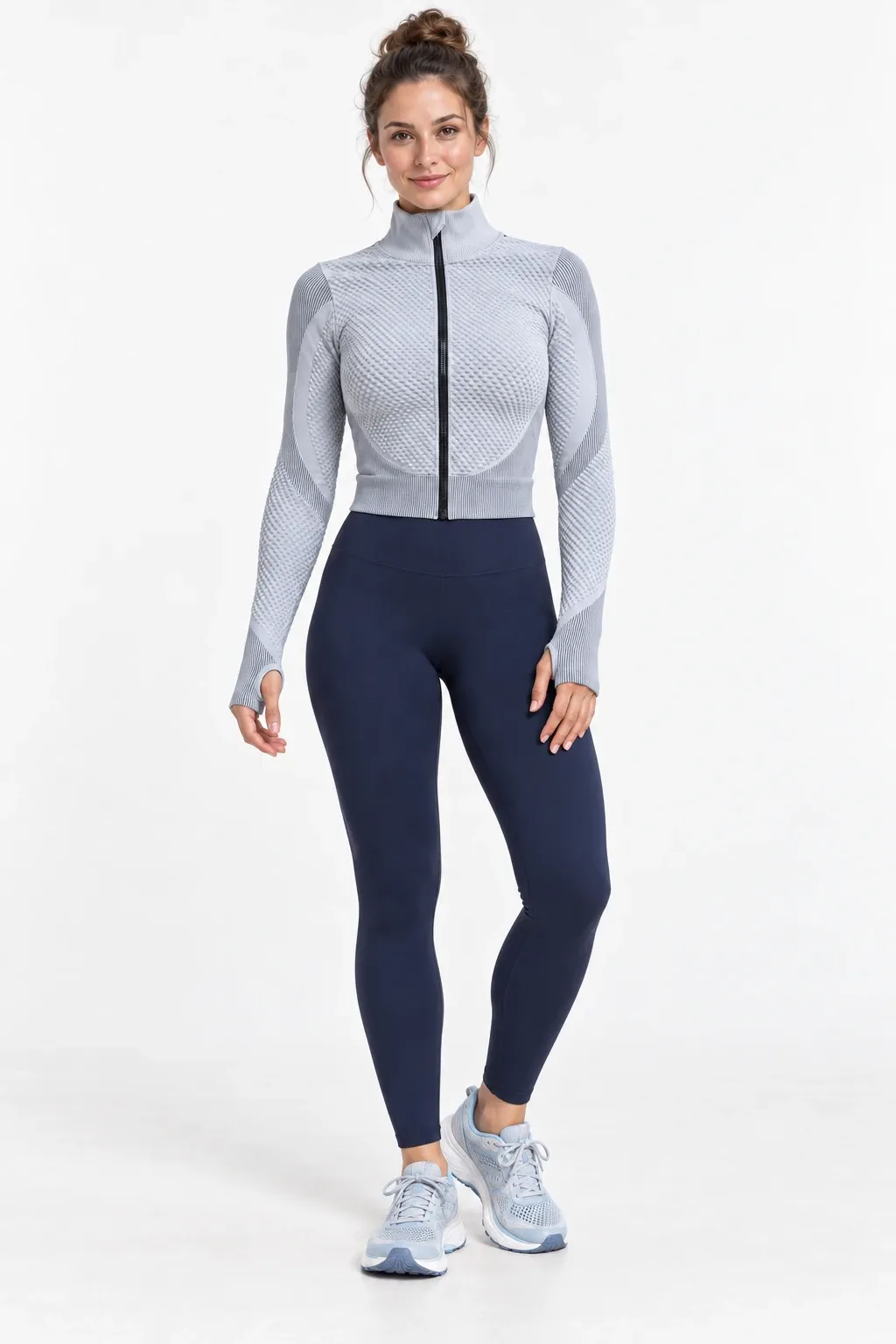 Women's light gray seamless zip-up training jacket, front view