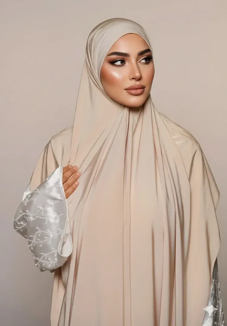 Front view of a champagne satin jersey hijab paired with a white top featuring lace sleeves