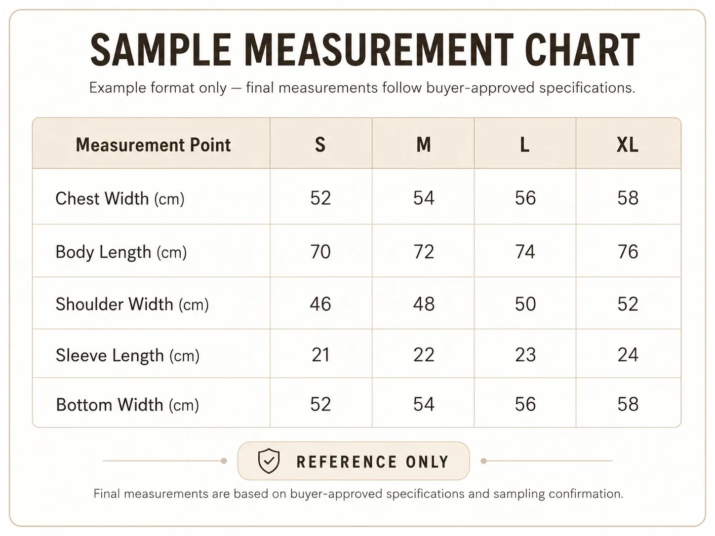 Sample apparel measurement chart showing reference garment measurements for buyer-approved size specifications