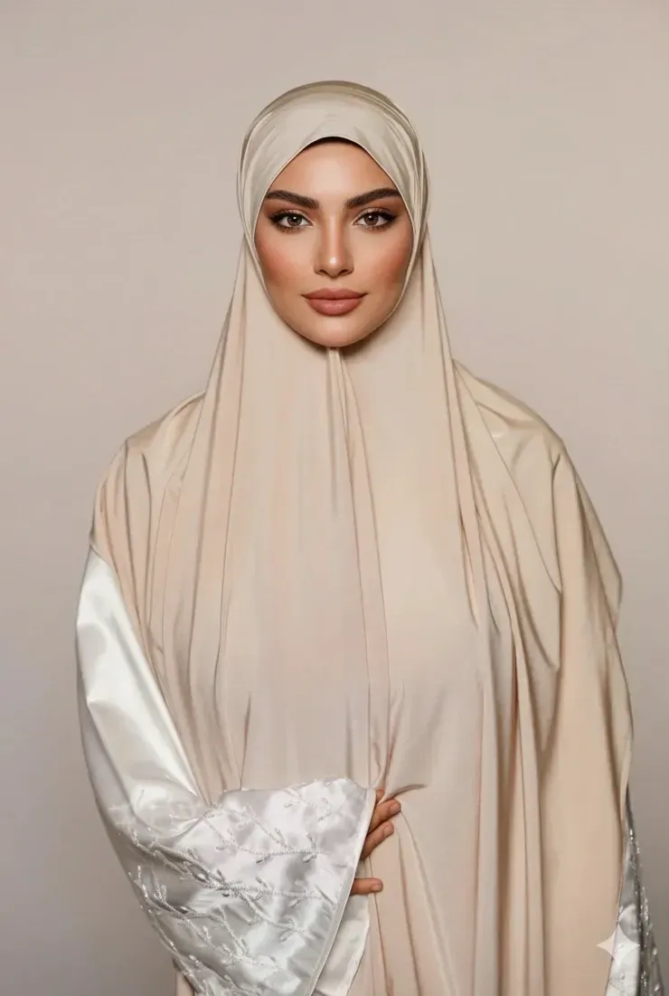 Front view of a cream satin jersey hijab with soft drape over the model's shoulders
