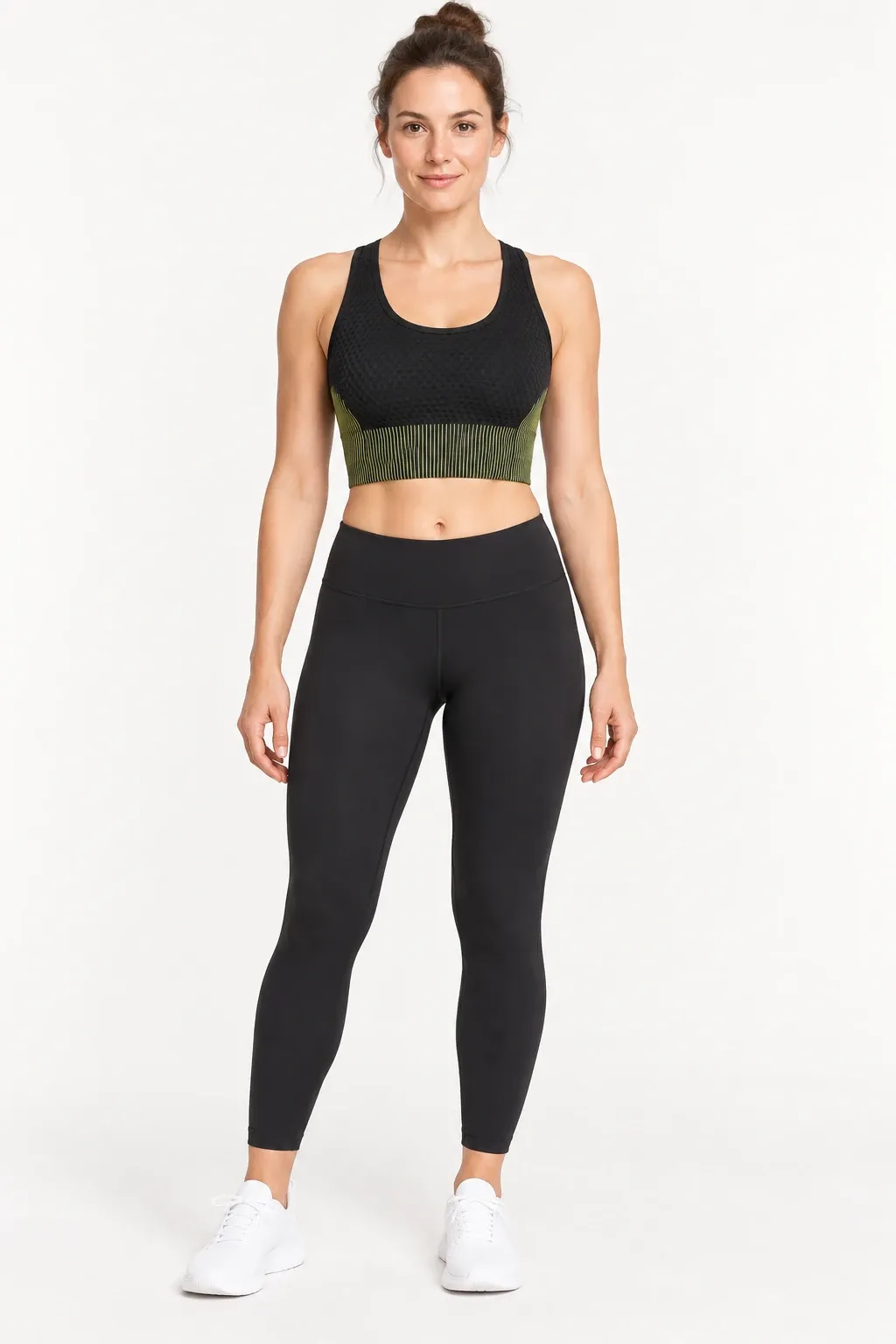 Women's black and olive seamless crop tank top, front view