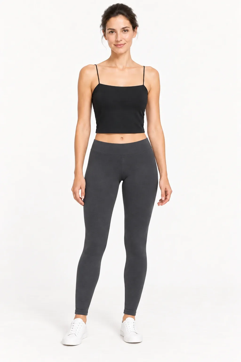 Women's black seamless spaghetti-strap cami top, front view