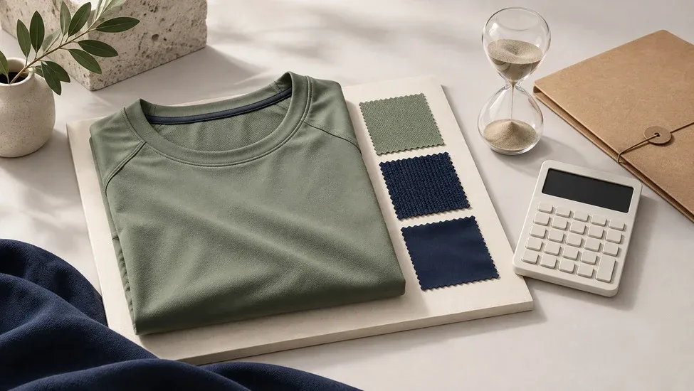 Apparel sample, fabric swatches, an hourglass and a calculator representing sampling costs and lead times.