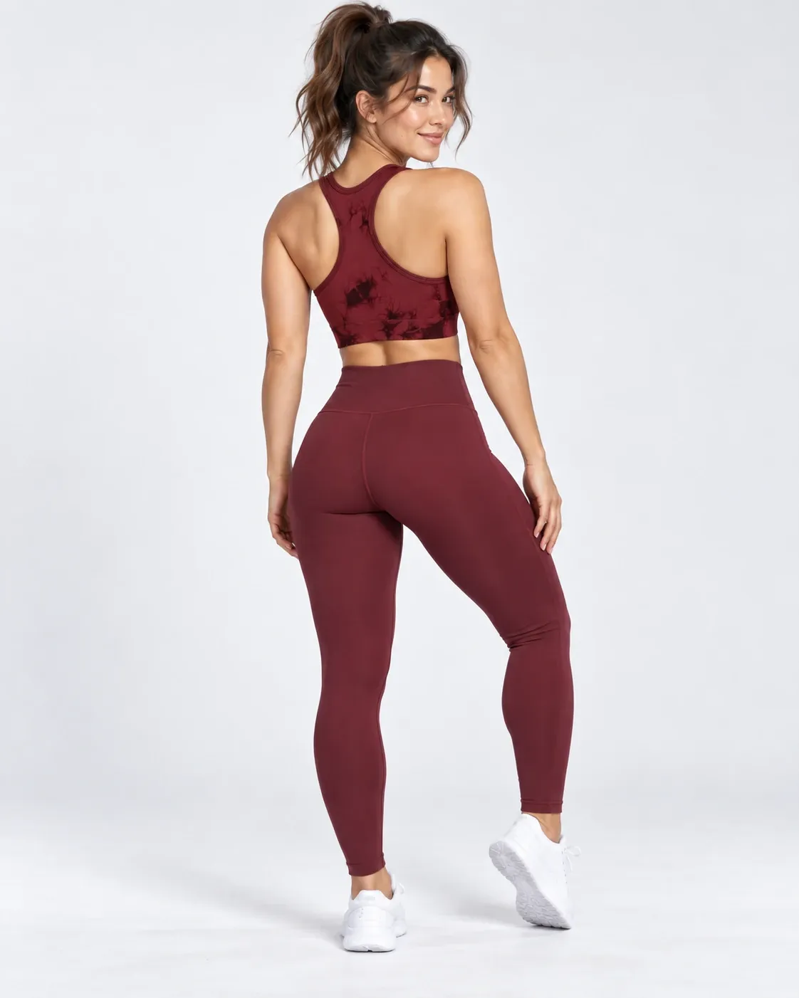 Women's burgundy seamless racerback sports tank top, back view