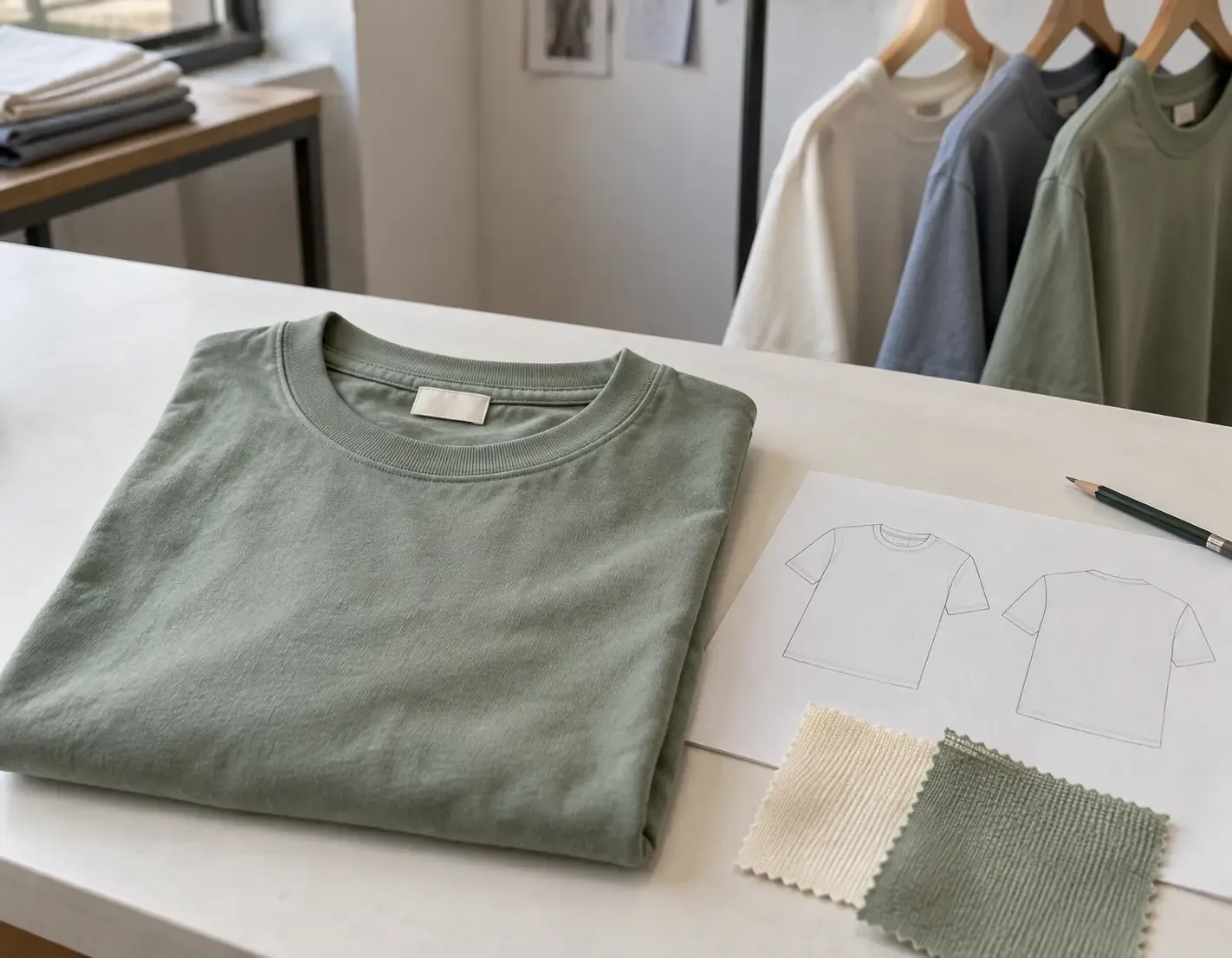 Sage green T-shirt with a blank neck label, garment sketches and fabric swatches on a sample development table