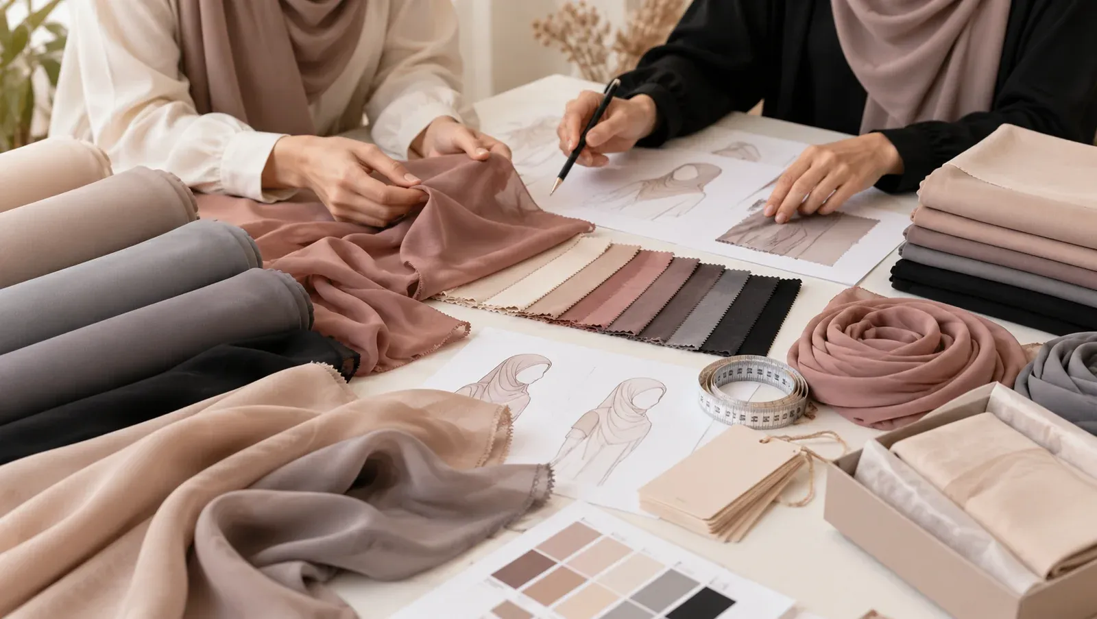 Hijab design and development process with fabric swatches, sample sketches and private label product planning