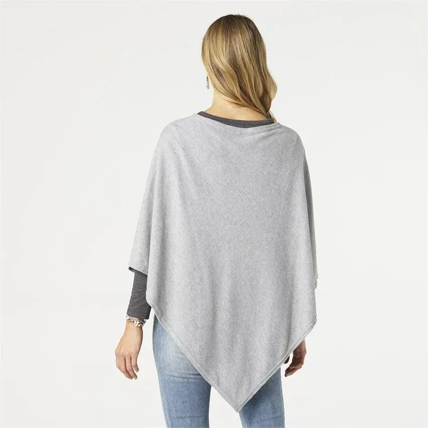 Back view of a light grey heather knit poncho with an asymmetric hem