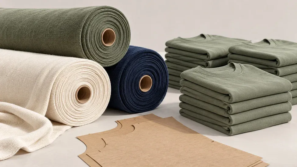 Knit fabric rolls, a garment pattern and folded apparel batches illustrating minimum order quantities.