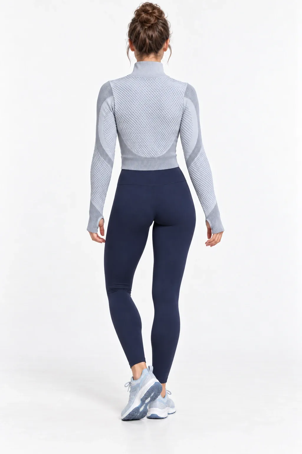 Women's light gray seamless zip-up training jacket, back view