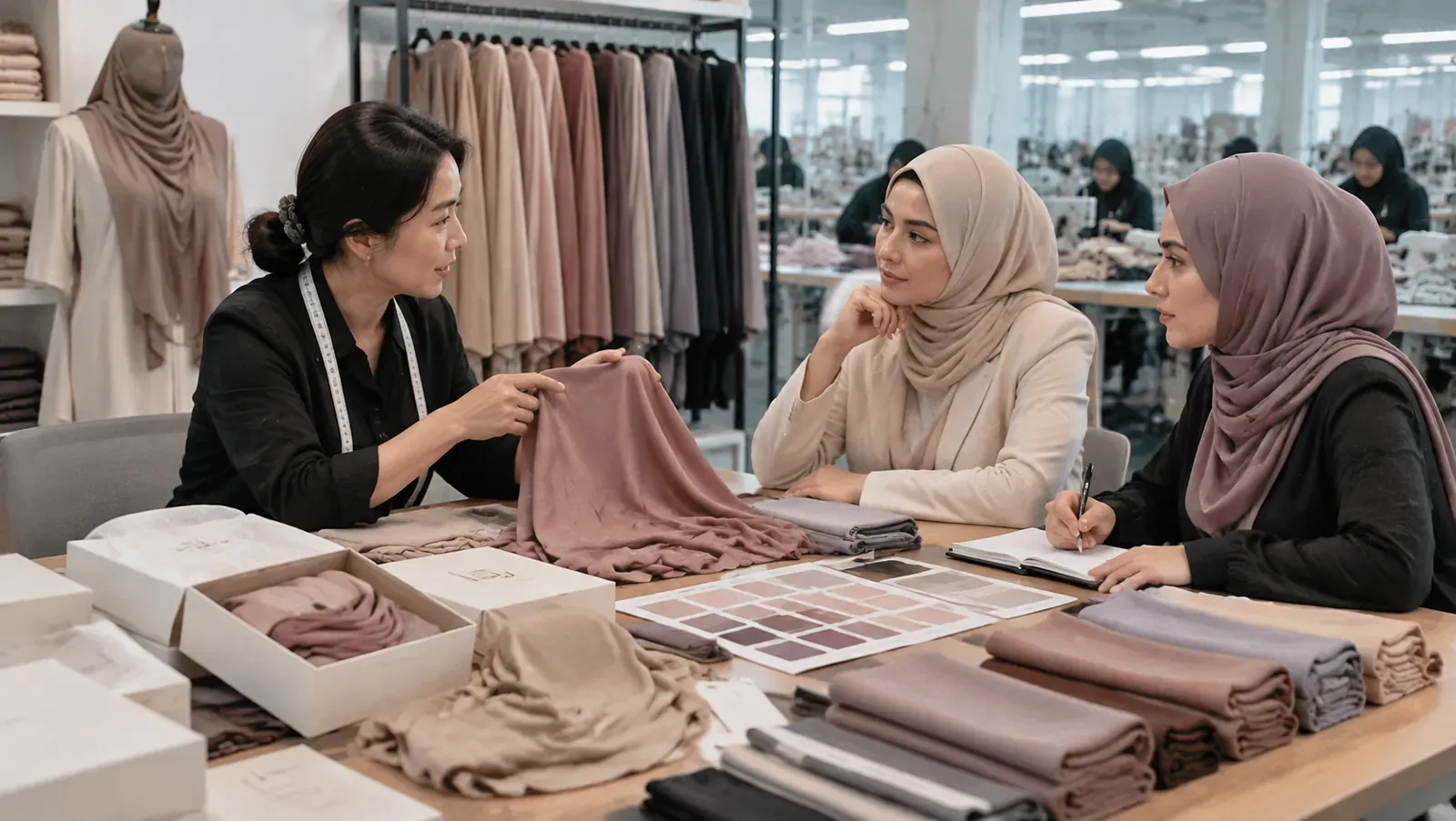 Hijab manufacturer meeting with buyers discussing fabric samples, customization details and private label production requirements