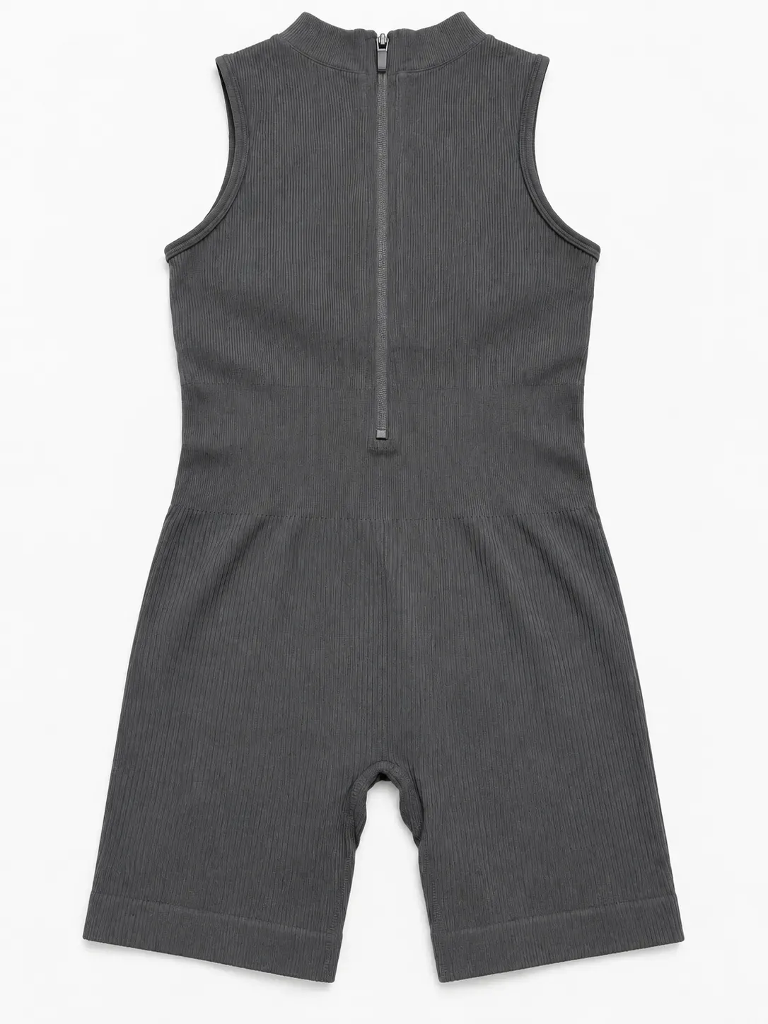 Back flat lay view of custom women's seamless high-neck short unitard with back zipper