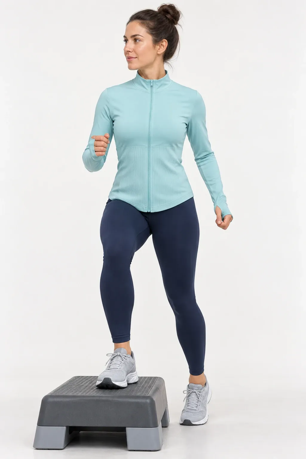 Women's light blue seamless full-zip long-sleeve training jacket, front view