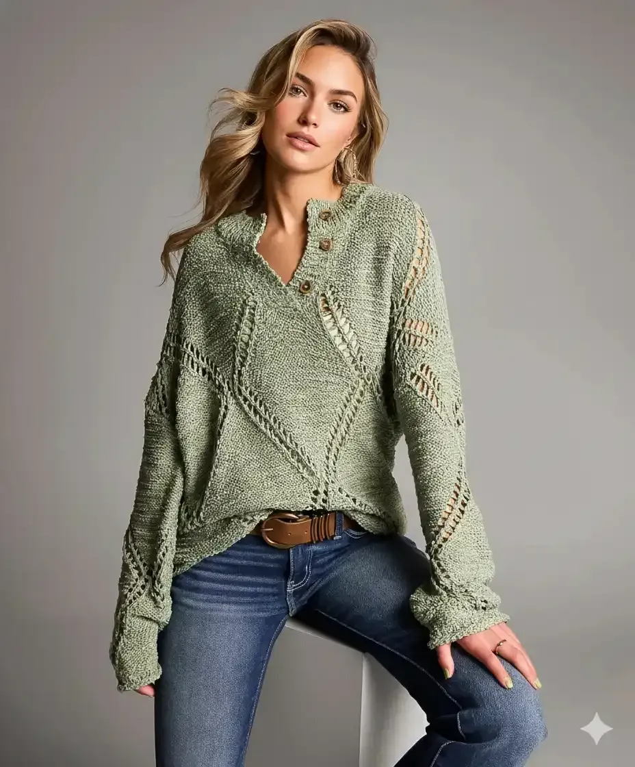 Front view of a sage green pointelle open-weave zip-front cardigan with white stripe accents, styled with jeans