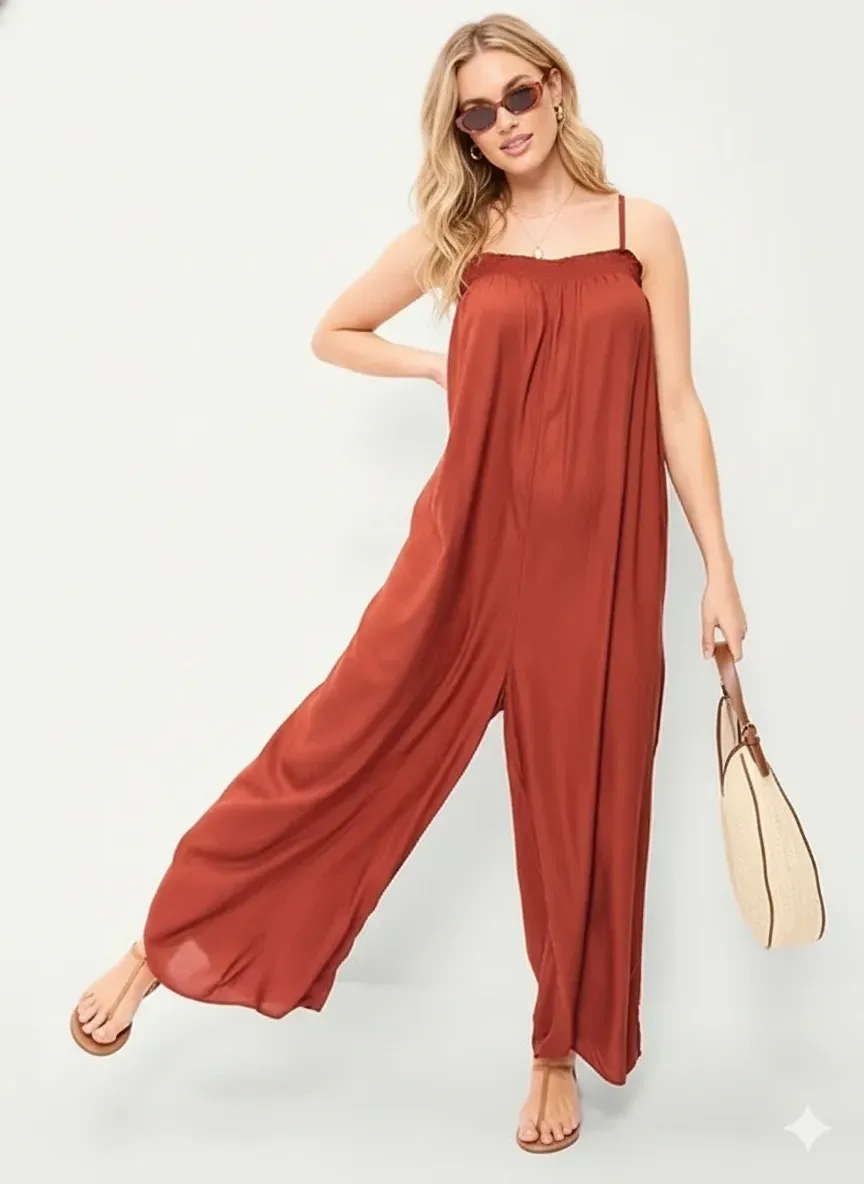 Front view of a rust viscose jumpsuit with smocked bodice, wide legs and thin straps