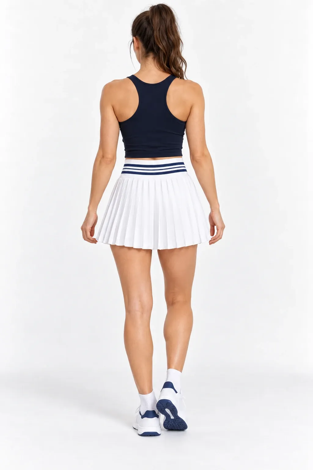 Women's white pleated tennis skirt, back view