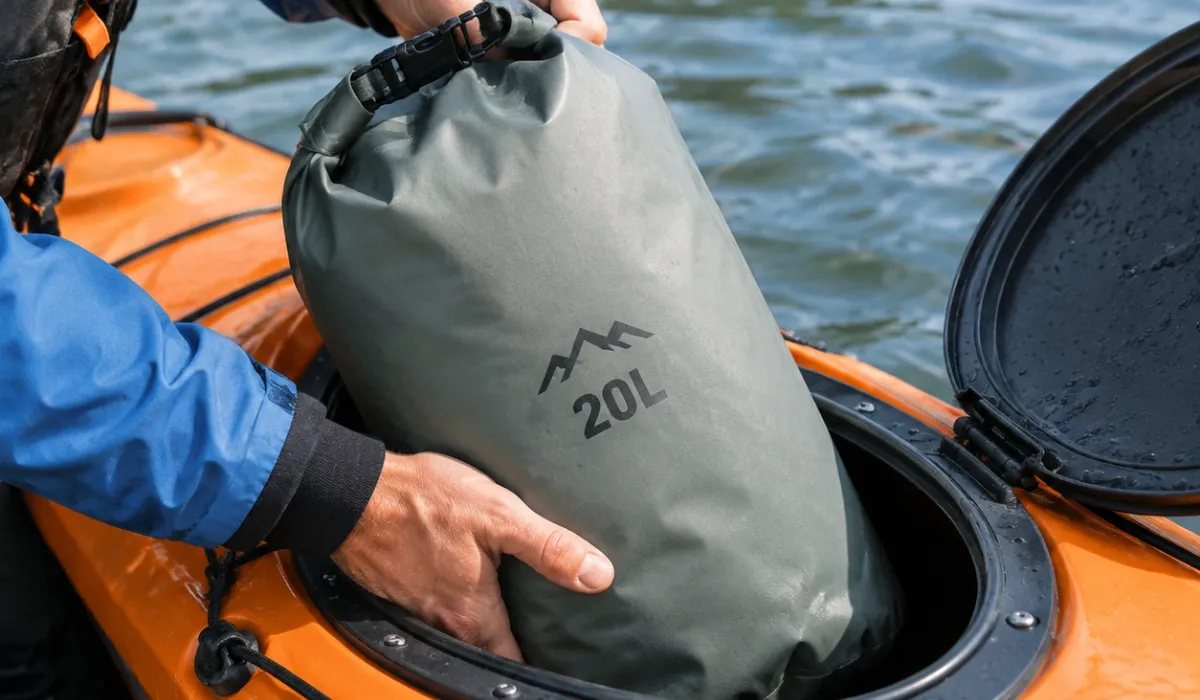 Paddler packing a 20L dry bag into a kayak hatch opening.webp