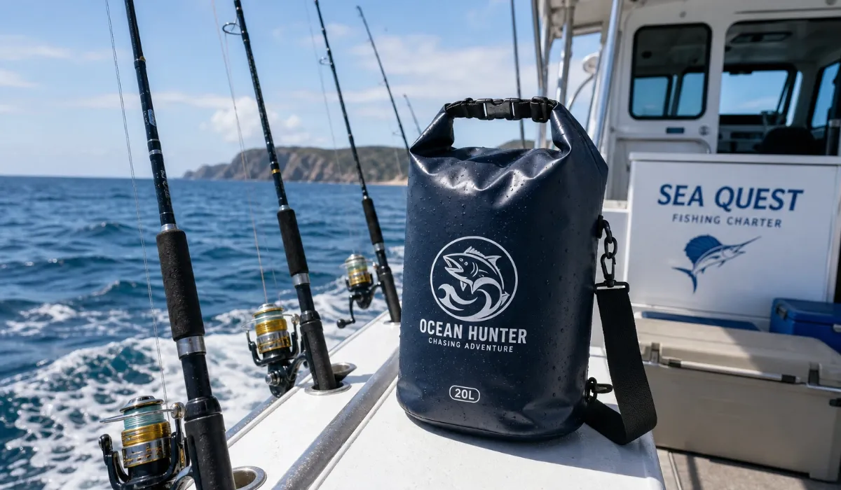 Custom branded waterproof dry bag sitting on a fishing charter boat deck.webp
