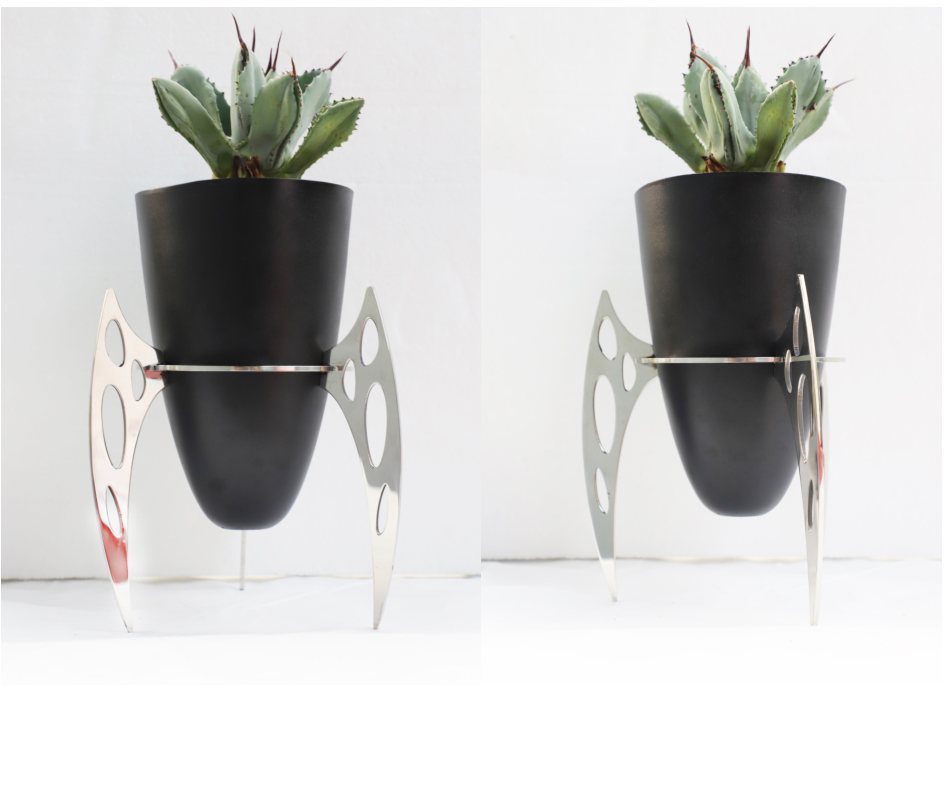 Planet Cup Planter 07 — Matte black painted / polished steel metal planter by KingDeco Studio