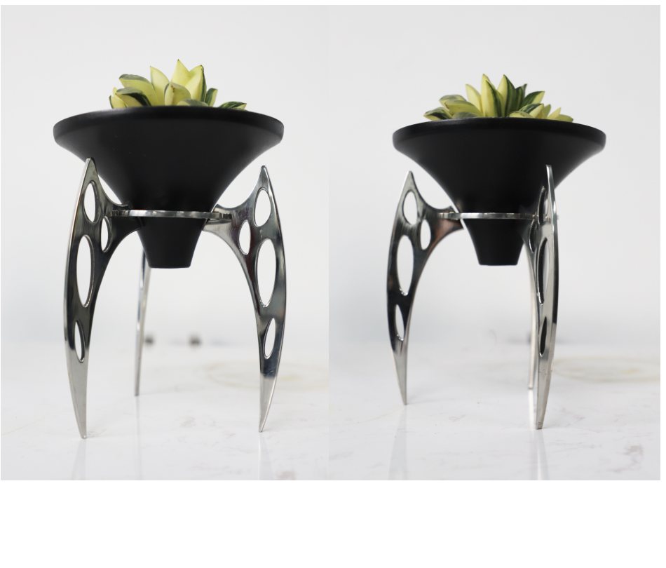 Planet Cup Planter 01 — Matte black painted / polished steel metal planter by KingDeco Studio