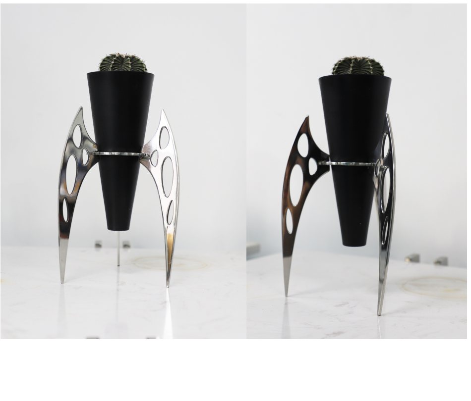 Planet Cup Planter 03 — Matte black painted / polished steel metal planter by KingDeco Studio
