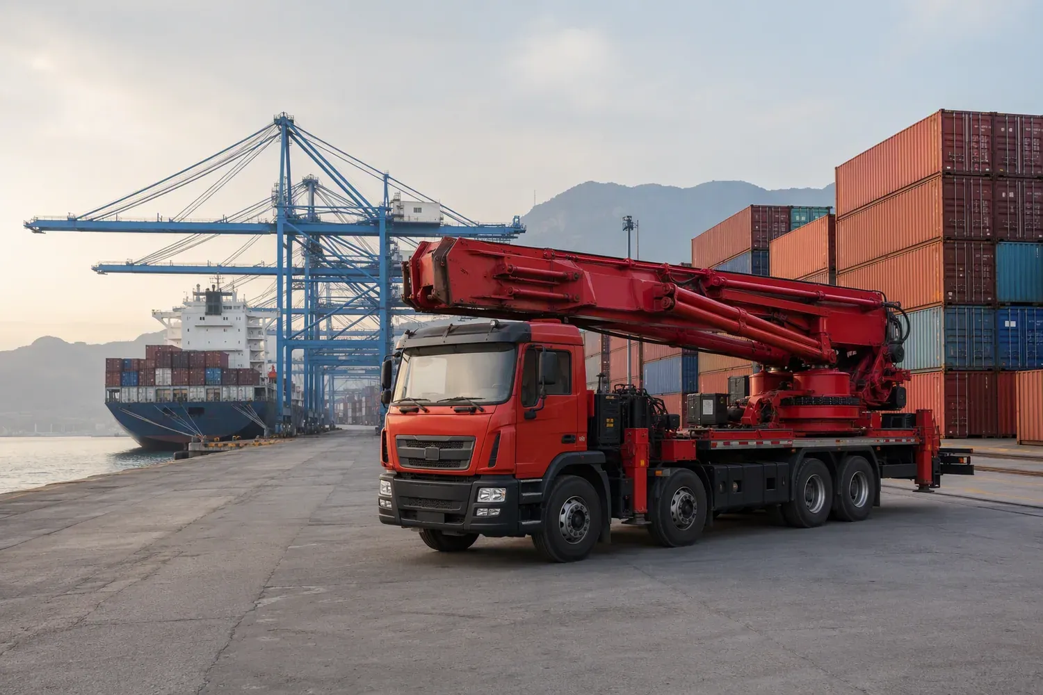 A truck-mounted crane lorry with a folding crane parked on a container terminal quay beside stacked containers and gantry cranes