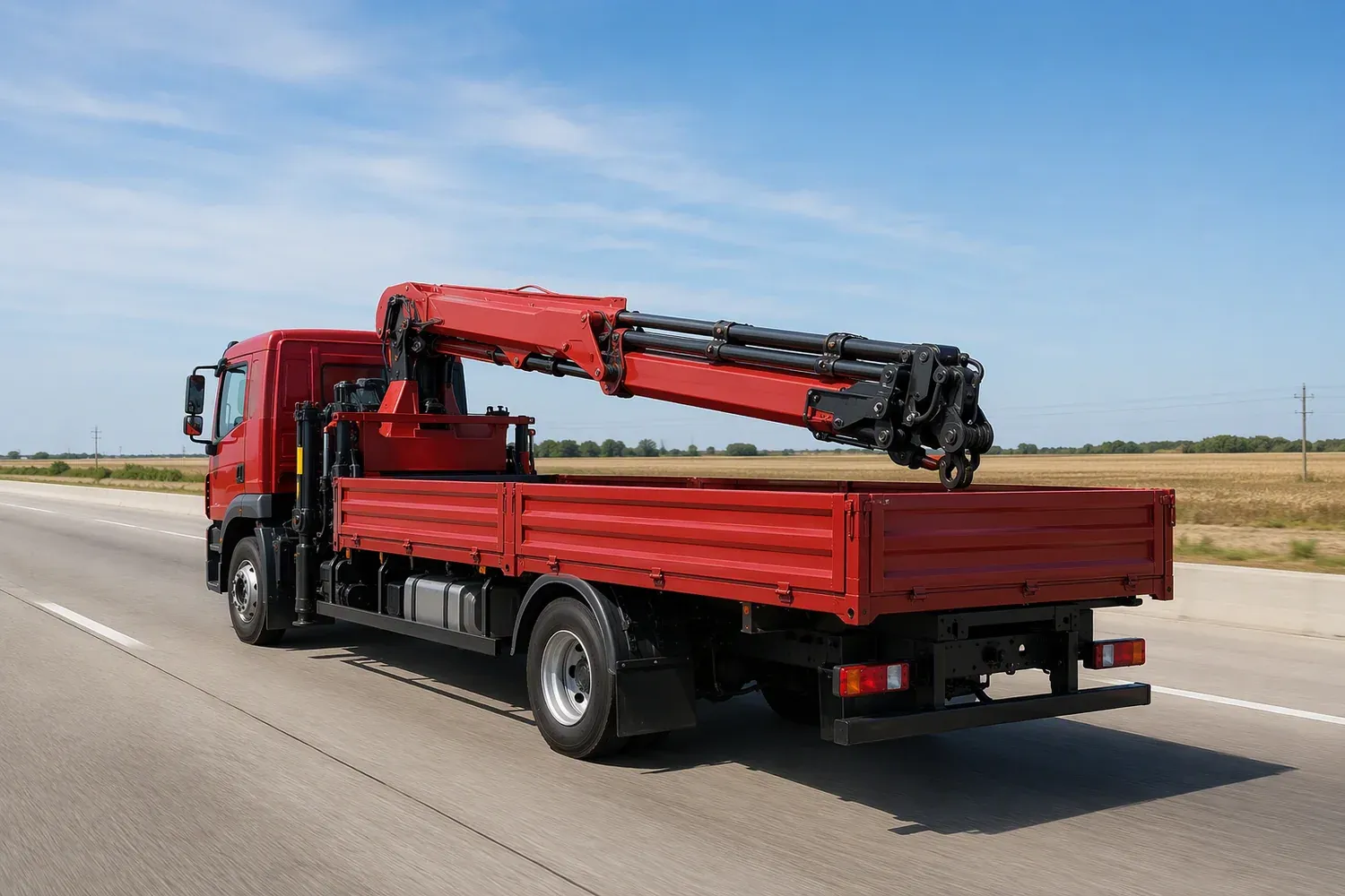 A red truck-mounted crane lorry with its boom folded rearward over the deck driving on a multi-lane interstate highway